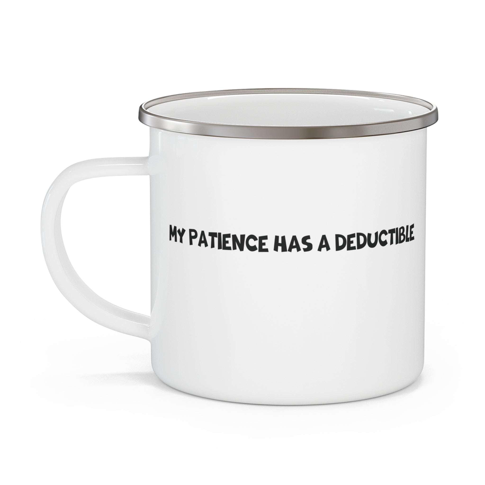 Enamel Mug — Minimal White Camping Mug (stamped ‘DEDUCTIBLE’)