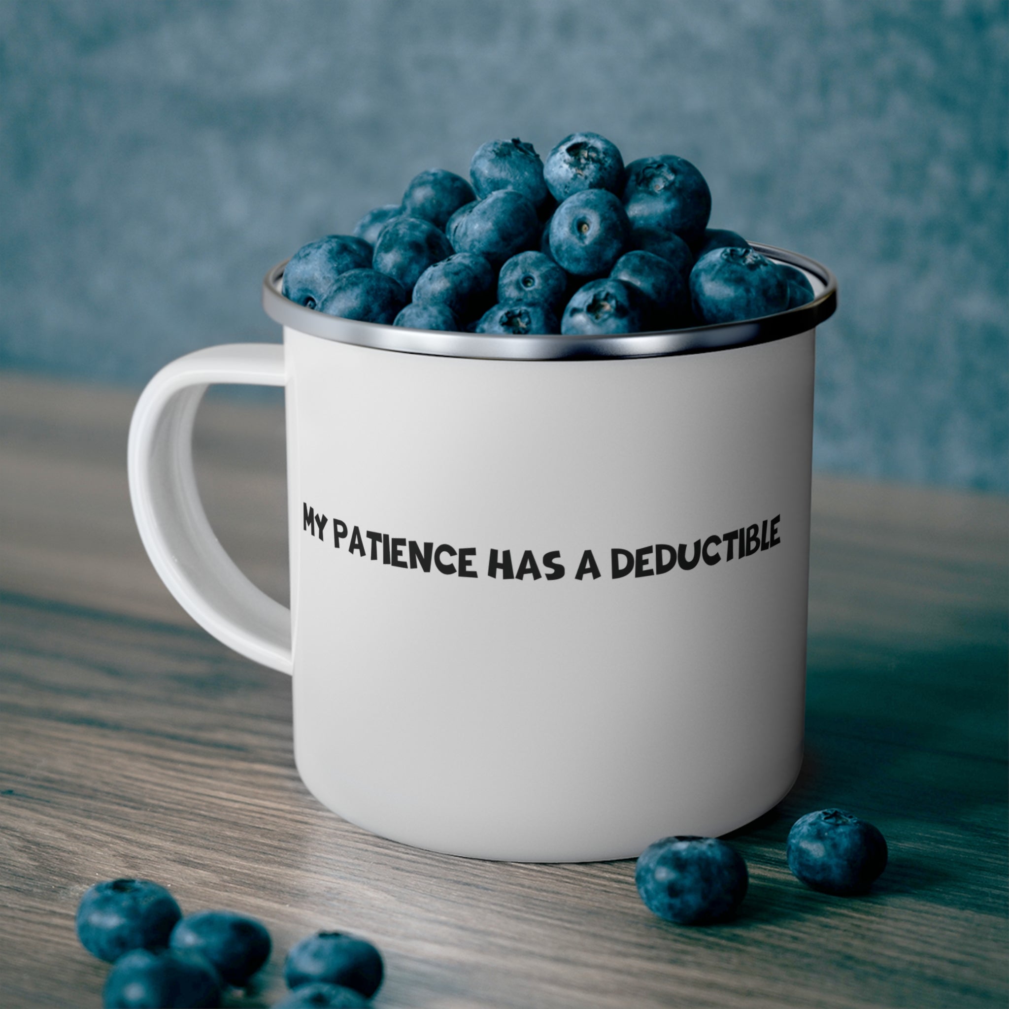Enamel Mug — Minimal White Camping Mug (stamped ‘DEDUCTIBLE’)