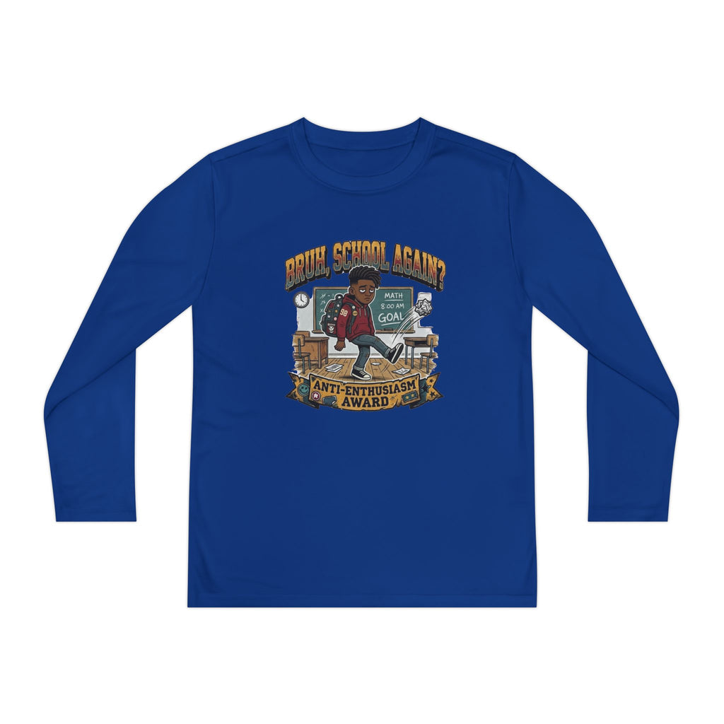 Bruh. School Again. — Kids Long Sleeve Graphic Tee Character 1
